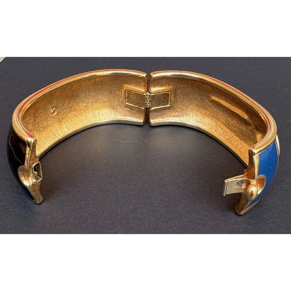 Swarovski Crystal Bracelet Wide Hinged Gold Tone Enamel Charm Cuff Nautical‎ - Picture 8 of 10